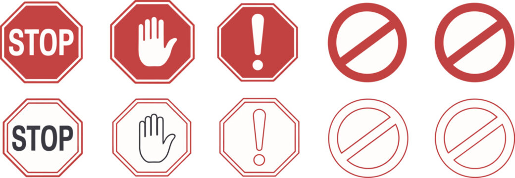 Red stop signs, hand gestures, exclamation marks, and prohibition symbols on white background