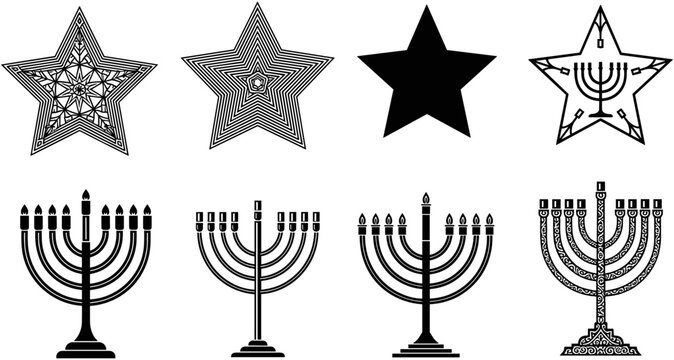 Collection of Jewish Hanukkah symbols including traditional menorah candelabras and star shapes with intricate patterns, isolated on a white background.
