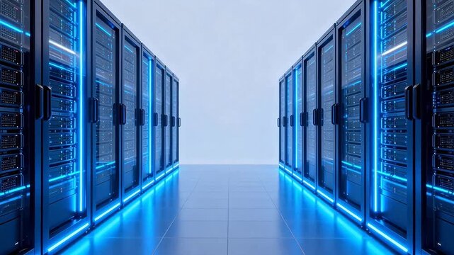 Rows of server racks in a data center