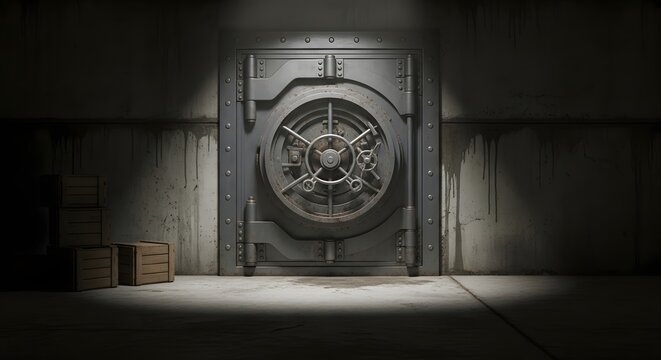 Steel vault door with circular dial abandoned industrial setting high quality professional detailed