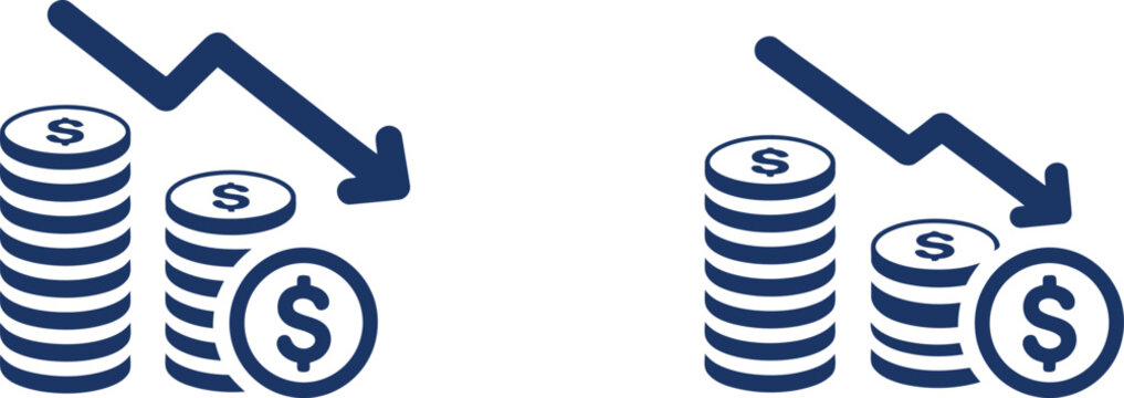 Blue financial showing stacks of dollar coins with downward trending arrows on white