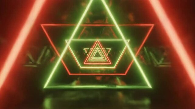 Futuristic neon triangle tunnel with dynamic motion creating a retro sci-fi background