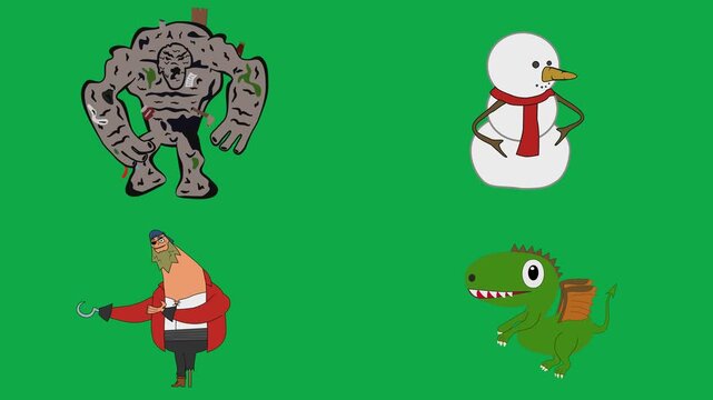 Solid rock, snowman, hook, and backpack illustrations 2d cartoon animated character on green screen chroma key background with  loop cycle illustration animation.These loopable isolated media