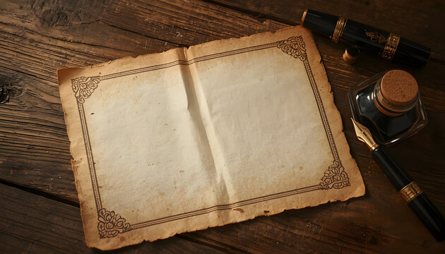 rectangular, blank certificate or document laid open on a wooden surface. The paper has a decorative border with intricate patterns in a muted brown color, giving it an antique appearance