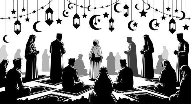 Silhouette illustration of a Muslim community gathering for prayer under festive hanging lanterns and crescent moons, perfect for Islamic celebrations.