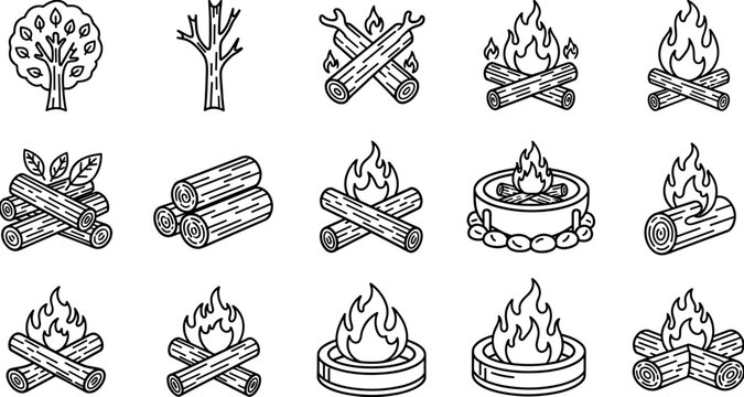 Technical line art set of campfire icons, featuring wood logs, burning flames, forest trees, and outdoor fire pits for camping.
