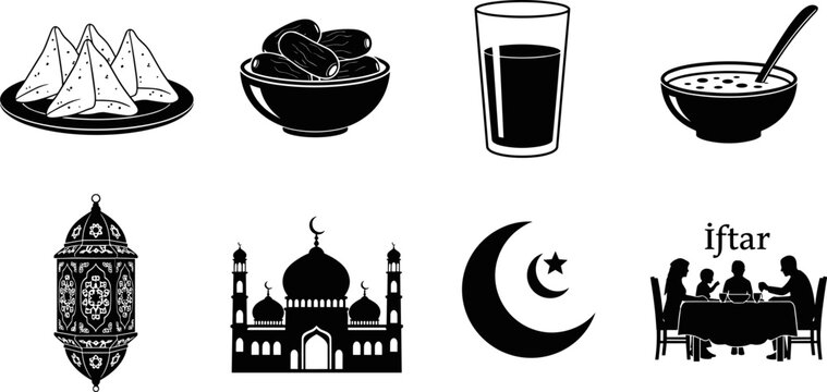 Silhouette set of Ramadan Iftar elements featuring dates, samosas, beverages, a mosque, lantern, crescent moon, and a family eating dinner.