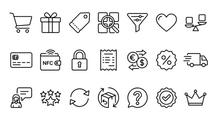 E-commerce and online shopping icons set. Cart, credit card, delivery and discount symbols. Thin line editable stroke vector illustrations for retail UI design. © Ai