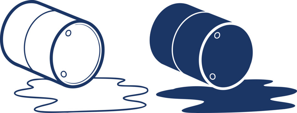 Blue oil drum with spilled liquid puddle in outline and solid styles on white