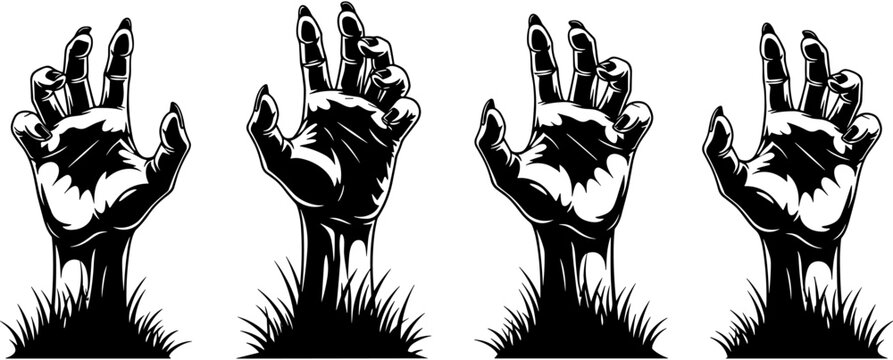 Detailed black silhouette illustration of four zombie hands rising from the grass, perfect for spooky Halloween graveyard and horror designs.
