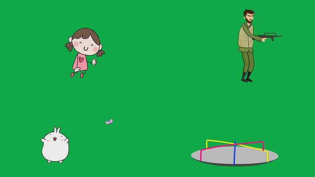 Action bending, shooter, hare, and carousel movements 2d cartoon animated character on green screen chroma key background with  loop cycle illustration animation.Ready to use isolated graphical