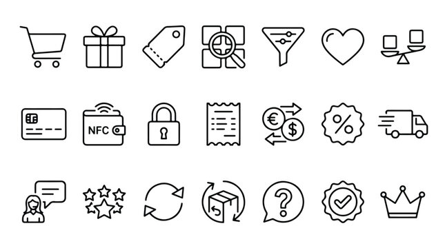 E-commerce and online shopping icons set. Cart, credit card, delivery and discount symbols. Thin line editable stroke vector illustrations for retail UI design.