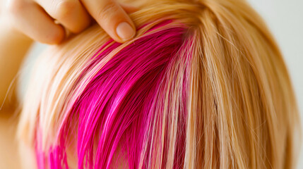 Naklejka premium Stylist lifting blonde hair layer to reveal vibrant pink highlights