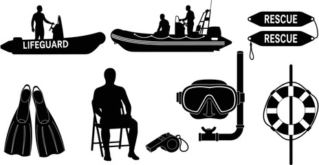 Silhouette set of water rescue equipment and lifeguard operations featuring boats, snorkel gear, flippers, lifebuoy, and rescue personnel, isolated on white. © Delowara