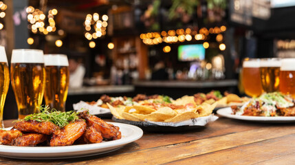 Chicken wings, nachos, and golden beer on a wooden table in a vibrant bar setting, enjoying socializing and pub food © Bonsales