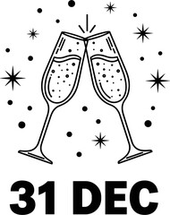 New Year celebration line art with clinking champagne glasses and stars, featuring the date December thirty-first, isolated on white background. © Delowara