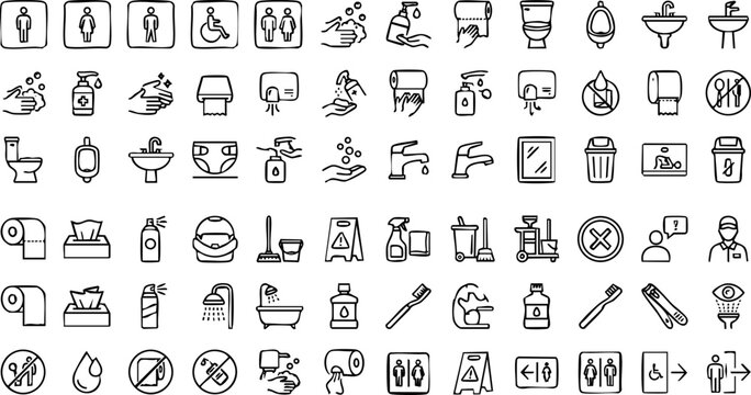Bathroom and hygiene icons: toiletries cleaning facilities with toilet paper cleaning spray trash can