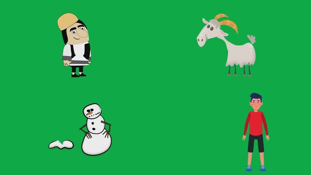 Cute traditional, goat, melting, and lad characters 2d cartoon animated character on green screen chroma key background with  loop cycle illustration animation.Delightful transparent animated
