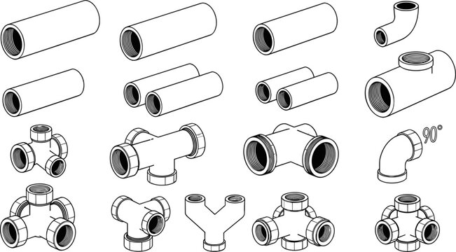 Technical line art set of various PVC pipe fittings including elbows, tees, and connectors, isolated on a white background, illustration.