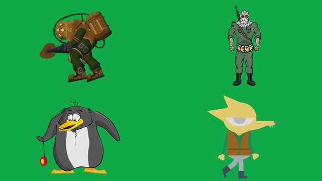 Deep scuba, archer, penguin, and starhead animations 2d cartoon animated character on green screen chroma key background with  loop cycle illustration animation.Professional transparent stock