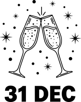 New Year celebration line art with clinking champagne glasses and stars, featuring the date December thirty-first, isolated on white background.
