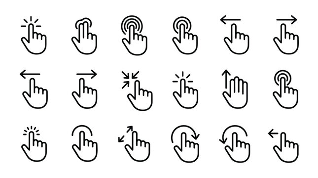 Touch screen hand gesture icons set. Swipe, tap, scroll, pinch, zoom, click, rotate and drag actions. Thin line editable stroke icon illustrations for mobile UI and UX.