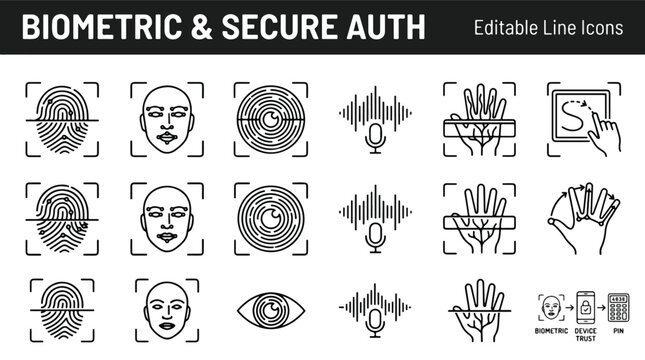 Biometric and secure authentication icons set. Fingerprint, face recognition, iris scan, voice, and hand vein scanning. Thin line editable stroke vector illustrations.