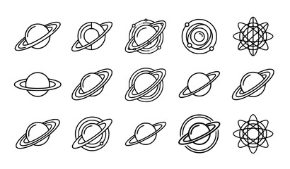 Minimal Saturn Planet Outline Vector Collection with Modern Cosmic Line Art Icons © Sabbir