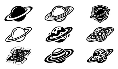 Black and White Saturn Planet Vector Icons with Cosmic Space Silhouette Designs © Sabbir