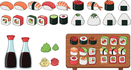 Comprehensive Set of Japanese Sushi and Onigiri Illustrations with Soy Sauce and Wasabi Elements © MdMojnu