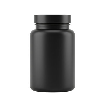 Sleek matte black plastic supplement jar with screw lid stands centered on a transparent background with soft studio lighting premium product concept