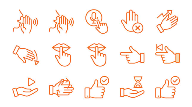 Hand gestures and communication interface line icons set. Icons for whispering, silence, thumbs up, swipe, and touch control. Thin line editable stroke illustrations.