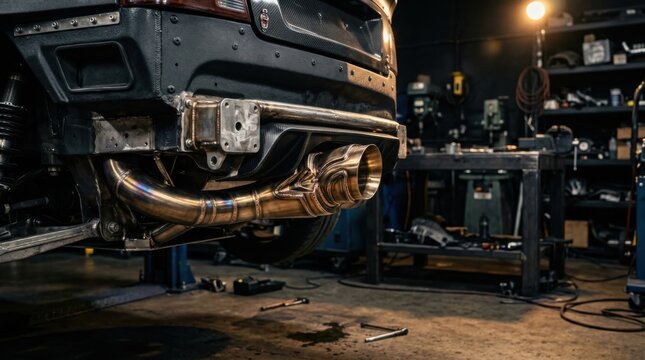 Close-up of a custom fabricated bronze-colored exhaust system with precision welds on a modified car in a workshop, featuring a carbon fiber diffuser and exposed mechanical parts.
