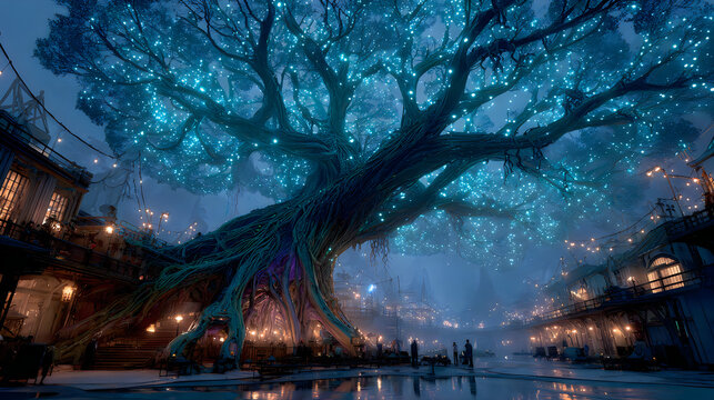 Ancient giant tree luminous branches sparkling lights fantasy village serene twilight environment pictures