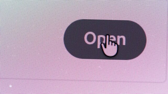Close-up of a white "Open" button with grey borders turning grey with white text upon hover, symbolizing file access or account login.