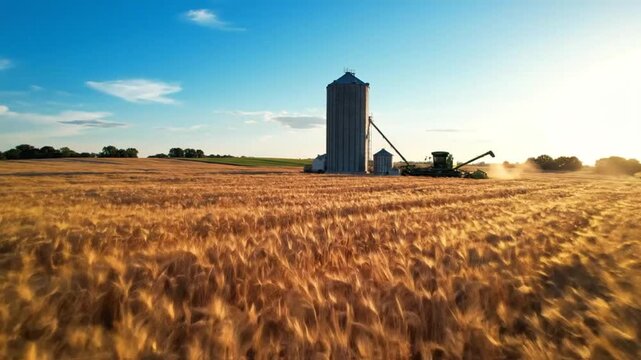 Scenic aerial view of a wheat field with a silo and a combine harvesting grain at sunset on a farm.