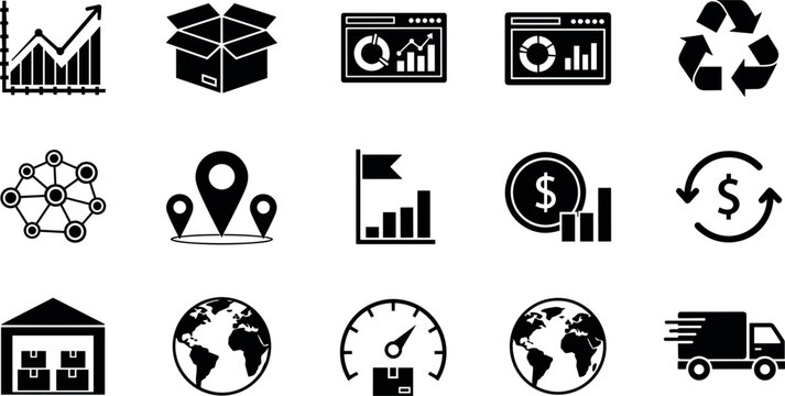 Logistics and business management icon set with analytics delivery finance warehouse and global supply chain symbols