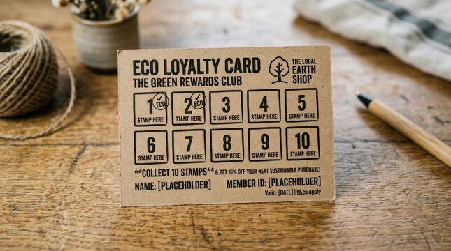 Eco loyalty card with green stamp rewards and collectible punch holes