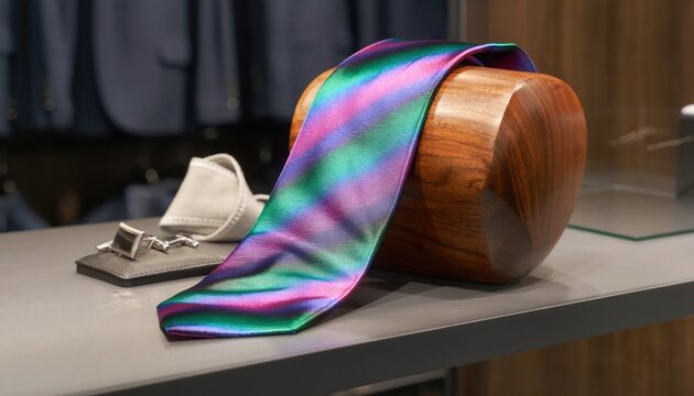 Close-up of an iridescent silk necktie with purple, green, and blue wavy pattern displayed on a wooden block alongside silver cufflinks and a white pocket square in a men's clothing store.