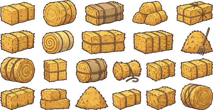 Hay bale bundle collection with straw stacks rolls and farm harvest agriculture vector illustration set