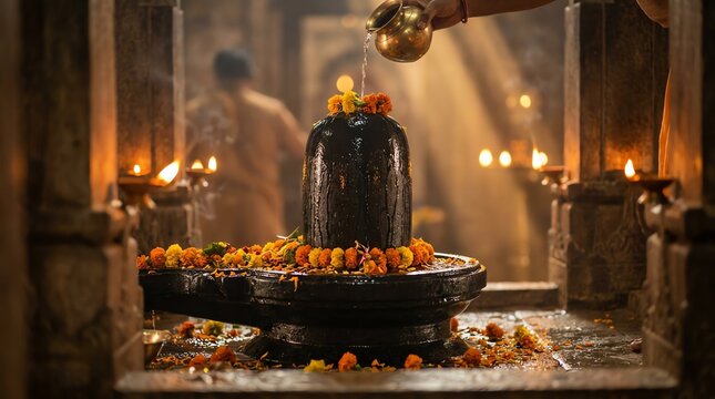 Devotee pouring sacred water over a shiva lingam during a traditional hindu ritual inside an ancient temple in soft light