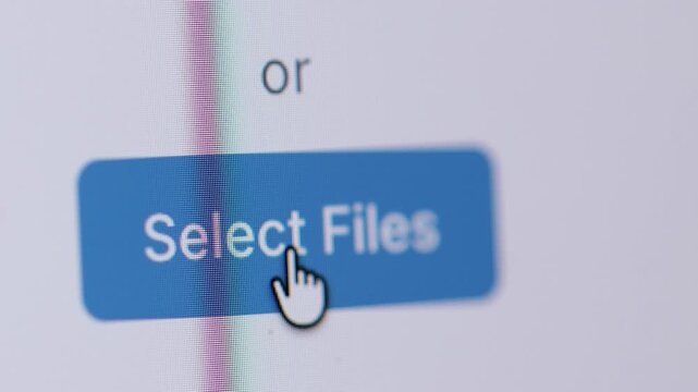 A cursor clicks the blue "Select Files" button, transitioning to a screen that displays file sizes in Megabytes and Gigabytes.