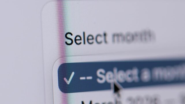 Cursor clicks a "Select month" drop-down menu, highlighting the choice in dark blue, commonly used for financial reports or birthdate selection.