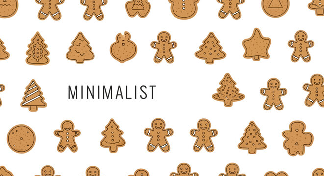 Minimalist Christmas gingerbread cookies on white background, festive pattern
