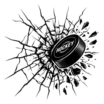 Dynamic black and white icon of a hockey puck smashing through a surface, creating realistic cracked and shattered glass wall effects to symbolize power and impact.
