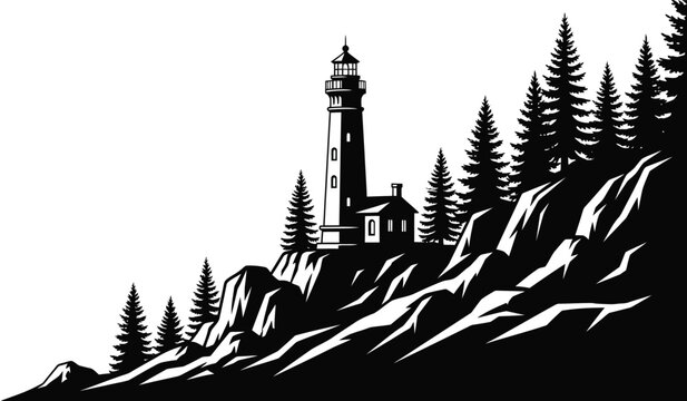 Lighthouse and coastal landscape with pine trees black and white graphic silhouette high quality professional detailed modern elegant stylish clean crisp vibrant colorful digital