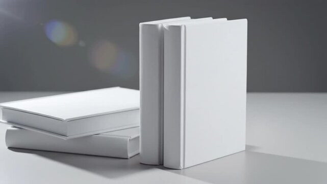 Minimalist white books stacked and standing against a neutral background for design mockups and product presentations