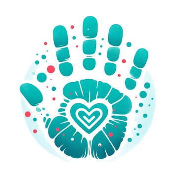 Turquoise handprint with a heart symbol and scattered dots on a white background