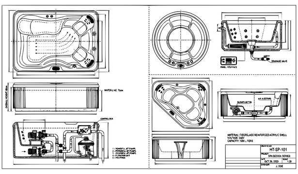 Detailed hot tub blueprint vector set with jets seating and plumbing system technical spa design drawings