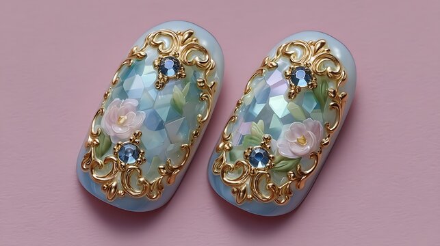 Elegant Nail Art Design Blue Roses with Gold.